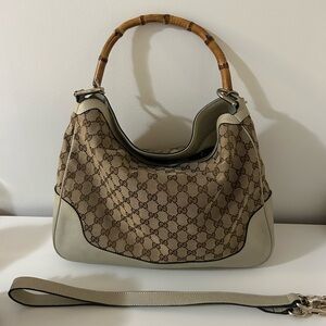 Authentic Gucci Tan and Cream Shoulder Bag with Bamboo Handle